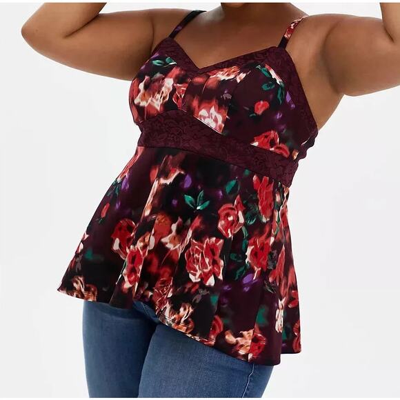 Torrid Scuba Knit and Lace Peplum Top V Neck Burgundy Purple Floral 1X Tank Top - Picture 1 of 9